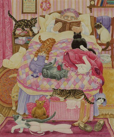 Grandma and 10 cats in the bedroom by Linda Benton